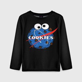 Детский лонгслив 3D с принтом Cookies в Петрозаводске, 100% полиэстер | длинные рукава, круглый вырез горловины, полуприлегающий силуэт
 | cookies | nasa | астронавт | астрономия | глазки | земля | космос | наса | печенье | печеньки | планета | смайл | спутник