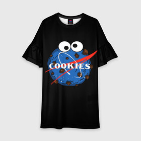 Детское платье 3D с принтом Cookies в Петрозаводске, 100% полиэстер | прямой силуэт, чуть расширенный к низу. Круглая горловина, на рукавах — воланы | cookies | nasa | астронавт | астрономия | глазки | земля | космос | наса | печенье | печеньки | планета | смайл | спутник