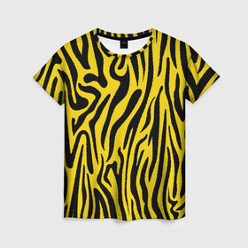Женская футболка 3D с принтом Тигровые полоски в Петрозаводске, 100% полиэфир ( синтетическое хлопкоподобное полотно) | прямой крой, круглый вырез горловины, длина до линии бедер | Тематика изображения на принте: абстракция | зоопринт | орнамент | полоски | полосы | пчелиный | тигровый