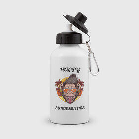 Бутылка спортивная с принтом Счастливая обезьяна в Петрозаводске, металл | емкость — 500 мл, в комплекте две пластиковые крышки и карабин для крепления | лето | надпись | обезьяна | отпуск | очки | пальмы | счастье