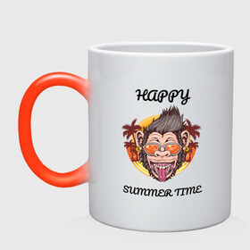Кружка хамелеон с принтом Счастливая обезьяна в Петрозаводске, керамика | меняет цвет при нагревании, емкость 330 мл | лето | надпись | обезьяна | отпуск | очки | пальмы | счастье