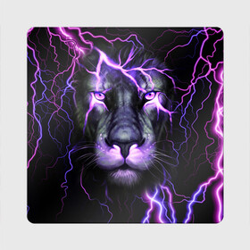 Магнит виниловый Квадрат с принтом НЕОНОВЫЙ ЛЕВ  NEON LION в Петрозаводске, полимерный материал с магнитным слоем | размер 9*9 см, закругленные углы | lion | neon | голова | гроза | дикая кошка | животные | кот | кошка | лев | молния | неон | тигр | хищник