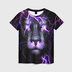 Женская футболка 3D с принтом НЕОНОВЫЙ ЛЕВ  NEON LION в Петрозаводске, 100% полиэфир ( синтетическое хлопкоподобное полотно) | прямой крой, круглый вырез горловины, длина до линии бедер | lion | neon | голова | гроза | дикая кошка | животные | кот | кошка | лев | молния | неон | тигр | хищник