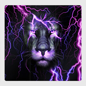 Магнитный плакат 3Х3 с принтом НЕОНОВЫЙ ЛЕВ  NEON LION в Петрозаводске, Полимерный материал с магнитным слоем | 9 деталей размером 9*9 см | lion | neon | голова | гроза | дикая кошка | животные | кот | кошка | лев | молния | неон | тигр | хищник