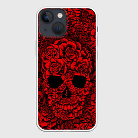 Чехол для iPhone 13 mini с принтом ЦВЕТОЧНЫЙ ЧЕРЕП в Петрозаводске,  |  | death | flowers | horror | metal | red | rose | roses | skull | арт | зомби | кости | красный | розы | скелет | цветы | череп | черный