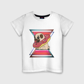 Детская футболка хлопок с принтом Щенок и пончик в Петрозаводске, 100% хлопок | круглый вырез горловины, полуприлегающий силуэт, длина до линии бедер | абстракция | еда | животные | мопс | пончик | пончики | щенок