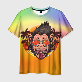 Мужская футболка 3D с принтом Веселая обезьяна в очках в Петрозаводске, 100% полиэфир | прямой крой, круглый вырез горловины, длина до линии бедер | закат | лето | обезьяна | очки | пальмы | побережье