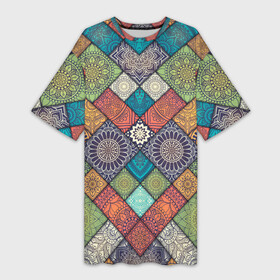 Платье-футболка 3D с принтом ЛОСКУТНАЯ ВЫШИВКА в Петрозаводске,  |  | color | flowers | pattern | texture | восточный | летний | лоскуты | мозаика | разноцветные | текстуры | узор | цветы | яркий