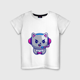 Детская футболка хлопок с принтом Кошка Геймер в Петрозаводске, 100% хлопок | круглый вырез горловины, полуприлегающий силуэт, длина до линии бедер | кот | микрофон | наушники | ушки