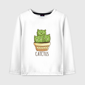 Детский лонгслив хлопок с принтом Котики Кактусы Catctus в Петрозаводске, 100% хлопок | круглый вырез горловины, полуприлегающий силуэт, длина до линии бедер | Тематика изображения на принте: cactus | cat | cats | cute cactus | english words | kitten | kitty | puss | pussy | pussycat | кактус в горшке | киски | кисы | котёнок | котики | коты в виде кактусов | коты кактусы | котята | котята кактусы | котятки | кошечки | кошка | мил