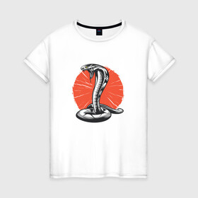 Женская футболка хлопок с принтом Японская Кобра | Japan Cobra в Петрозаводске, 100% хлопок | прямой крой, круглый вырез горловины, длина до линии бедер, слегка спущенное плечо | art | asp | aspid | cobra kai | japanese | poison | poisoned | red sun | snake | vemonous | venom | viper | арт | вайпер | восходящее солнце | змея | иллюстрация | кобра кай | красное солнце | рисунок кобры | солнце | яд | яд