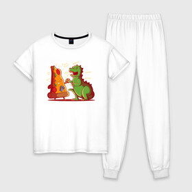 Женская пижама хлопок с принтом Пицца против Годзиллы в Петрозаводске, 100% хлопок | брюки и футболка прямого кроя, без карманов, на брюках мягкая резинка на поясе и по низу штанин | арт | годзилла | графика | динозавр | пицца