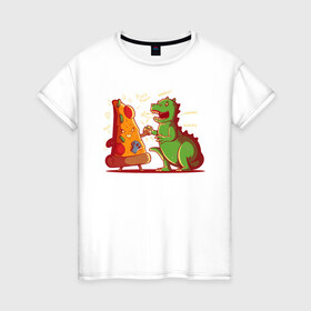 Женская футболка хлопок с принтом Пицца против Годзиллы в Петрозаводске, 100% хлопок | прямой крой, круглый вырез горловины, длина до линии бедер, слегка спущенное плечо | арт | годзилла | графика | динозавр | пицца