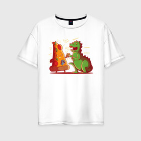Женская футболка хлопок Oversize с принтом Пицца против Годзиллы в Петрозаводске, 100% хлопок | свободный крой, круглый ворот, спущенный рукав, длина до линии бедер
 | арт | годзилла | графика | динозавр | пицца