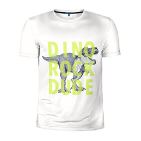 Мужская футболка 3D спортивная с принтом DINO ROCK DUDE в Петрозаводске, 100% полиэстер с улучшенными характеристиками | приталенный силуэт, круглая горловина, широкие плечи, сужается к линии бедра | Тематика изображения на принте: dino | games | roar | rock | rock star | t rex | дино | динозавр | динозавры | рок | рокер