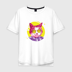 Мужская футболка хлопок Oversize с принтом Кот Тусовщик в солнечных очках в Петрозаводске, 100% хлопок | свободный крой, круглый ворот, “спинка” длиннее передней части | cat | cats | chill | cool cat | kitten | leto | party | puss | pussy | pussycat | summer | vacation | киски | кисы | кот в гавайской рубашке | котёнок | котики | котята | котятки | кошечки | кошка | лето | отдых | отпуск | пати |