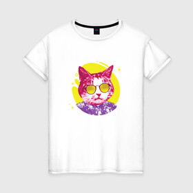 Женская футболка хлопок с принтом Кот Тусовщик в солнечных очках в Петрозаводске, 100% хлопок | прямой крой, круглый вырез горловины, длина до линии бедер, слегка спущенное плечо | cat | cats | chill | cool cat | kitten | leto | party | puss | pussy | pussycat | summer | vacation | киски | кисы | кот в гавайской рубашке | котёнок | котики | котята | котятки | кошечки | кошка | лето | отдых | отпуск | пати |