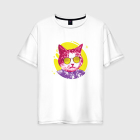 Женская футболка хлопок Oversize с принтом Кот Тусовщик в солнечных очках в Петрозаводске, 100% хлопок | свободный крой, круглый ворот, спущенный рукав, длина до линии бедер
 | cat | cats | chill | cool cat | kitten | leto | party | puss | pussy | pussycat | summer | vacation | киски | кисы | кот в гавайской рубашке | котёнок | котики | котята | котятки | кошечки | кошка | лето | отдых | отпуск | пати |