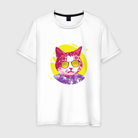 Мужская футболка хлопок с принтом Кот Тусовщик в солнечных очках в Петрозаводске, 100% хлопок | прямой крой, круглый вырез горловины, длина до линии бедер, слегка спущенное плечо. | Тематика изображения на принте: cat | cats | chill | cool cat | kitten | leto | party | puss | pussy | pussycat | summer | vacation | киски | кисы | кот в гавайской рубашке | котёнок | котики | котята | котятки | кошечки | кошка | лето | отдых | отпуск | пати |