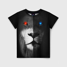 Детская футболка 3D с принтом ЛЕВ - НЕОНОВЫЕ ГЛАЗА в Петрозаводске, 100% гипоаллергенный полиэфир | прямой крой, круглый вырез горловины, длина до линии бедер, чуть спущенное плечо, ткань немного тянется | lion | neon | глаза | голова | дикая кошка | животные | кот | кошка | лев | неон | светящиеся глаза | тигр | хищник