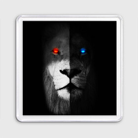 Магнит 55*55 с принтом ЛЕВ - НЕОНОВЫЕ ГЛАЗА в Петрозаводске, Пластик | Размер: 65*65 мм; Размер печати: 55*55 мм | lion | neon | глаза | голова | дикая кошка | животные | кот | кошка | лев | неон | светящиеся глаза | тигр | хищник