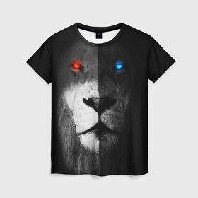 Женская футболка 3D с принтом ЛЕВ - НЕОНОВЫЕ ГЛАЗА в Петрозаводске, 100% полиэфир ( синтетическое хлопкоподобное полотно) | прямой крой, круглый вырез горловины, длина до линии бедер | lion | neon | глаза | голова | дикая кошка | животные | кот | кошка | лев | неон | светящиеся глаза | тигр | хищник