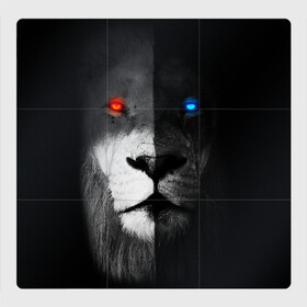 Магнитный плакат 3Х3 с принтом ЛЕВ - НЕОНОВЫЕ ГЛАЗА в Петрозаводске, Полимерный материал с магнитным слоем | 9 деталей размером 9*9 см | lion | neon | глаза | голова | дикая кошка | животные | кот | кошка | лев | неон | светящиеся глаза | тигр | хищник