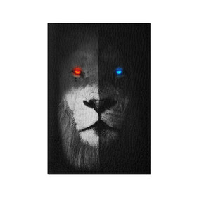 Обложка для паспорта матовая кожа с принтом ЛЕВ - НЕОНОВЫЕ ГЛАЗА в Петрозаводске, натуральная матовая кожа | размер 19,3 х 13,7 см; прозрачные пластиковые крепления | lion | neon | глаза | голова | дикая кошка | животные | кот | кошка | лев | неон | светящиеся глаза | тигр | хищник