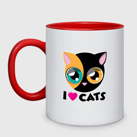 Кружка двухцветная с принтом I Love Cats в Петрозаводске, керамика | объем — 330 мл, диаметр — 80 мм. Цветная ручка и кайма сверху, в некоторых цветах — вся внутренняя часть | animal | cat | cute | kitty | love | meow | друг | животные | киска | китти | кот | котенок | котик | котэ | кошечка | кошка | милый | мур | мяу | питомец | тигр