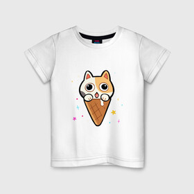 Детская футболка хлопок с принтом Ice Cream Cat в Петрозаводске, 100% хлопок | круглый вырез горловины, полуприлегающий силуэт, длина до линии бедер | animal | cat | cute | kitty | meow | друг | животные | киска | китти | кот | котенок | котик | котэ | кошечка | кошка | милый | мороженое | мур | мяу | питомец | тигр