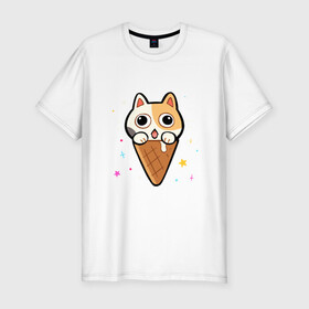 Мужская футболка хлопок Slim с принтом Ice Cream Cat в Петрозаводске, 92% хлопок, 8% лайкра | приталенный силуэт, круглый вырез ворота, длина до линии бедра, короткий рукав | animal | cat | cute | kitty | meow | друг | животные | киска | китти | кот | котенок | котик | котэ | кошечка | кошка | милый | мороженое | мур | мяу | питомец | тигр
