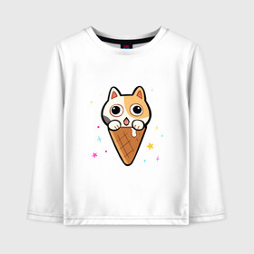 Детский лонгслив хлопок с принтом Ice Cream Cat в Петрозаводске, 100% хлопок | круглый вырез горловины, полуприлегающий силуэт, длина до линии бедер | animal | cat | cute | kitty | meow | друг | животные | киска | китти | кот | котенок | котик | котэ | кошечка | кошка | милый | мороженое | мур | мяу | питомец | тигр