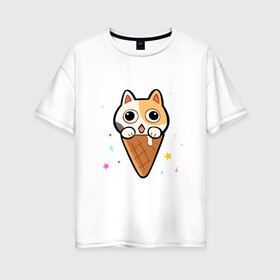 Женская футболка хлопок Oversize с принтом Ice Cream Cat в Петрозаводске, 100% хлопок | свободный крой, круглый ворот, спущенный рукав, длина до линии бедер
 | animal | cat | cute | kitty | meow | друг | животные | киска | китти | кот | котенок | котик | котэ | кошечка | кошка | милый | мороженое | мур | мяу | питомец | тигр