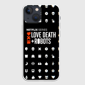 Чехол для iPhone 13 mini с принтом LOVE DEATH + ROBOTS в Петрозаводске,  |  | love death + robots | love death + robots print | netflix | robots | tv series | лого love death + robots | любовь | надпись love death + robots | принт love death + robots | роботы | сериал