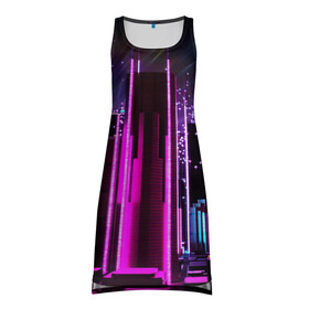 Платье-майка 3D с принтом PINK CITY в Петрозаводске, 100% полиэстер | полуприлегающий силуэт, широкие бретели, круглый вырез горловины, удлиненный подол сзади. | city | pink | purple | абстракция | город | ночной город