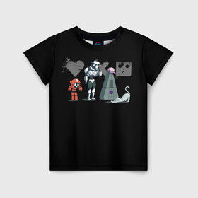 Детская футболка 3D с принтом Любовь, Смерть & Роботы в Петрозаводске, 100% гипоаллергенный полиэфир | прямой крой, круглый вырез горловины, длина до линии бедер, чуть спущенное плечо, ткань немного тянется | cat | cats | death | logo | love | netflix | robots | анимация | кино | кот | кошка | лого | любовь | нетфликс | роботы | сериал