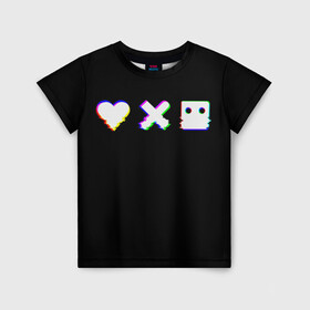 Детская футболка 3D с принтом Love Death and Robots (Glitch) в Петрозаводске, 100% гипоаллергенный полиэфир | прямой крой, круглый вырез горловины, длина до линии бедер, чуть спущенное плечо, ткань немного тянется | death | glitch | heart | ldr | logo | love | netflix | robots | smile | анимация | глитч | глич | кино | лого | лср | любовь | нетфликс | роботы | сердце | сериал | смайл | смайлик