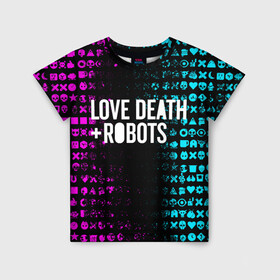 Детская футболка 3D с принтом ЛЮБОВЬ СМЕРТЬ И РОБОТЫ в Петрозаводске, 100% гипоаллергенный полиэфир | прямой крой, круглый вырез горловины, длина до линии бедер, чуть спущенное плечо, ткань немного тянется | death | hear | ldr | logo | love | netflix | robots | smile | анимация | кино | лого | лср | любовь | нетфликс | роботы | сердце | сериал | смайл | смайлик