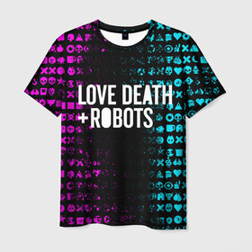 Мужская футболка 3D с принтом ЛЮБОВЬ СМЕРТЬ И РОБОТЫ в Петрозаводске, 100% полиэфир | прямой крой, круглый вырез горловины, длина до линии бедер | death | hear | ldr | logo | love | netflix | robots | smile | анимация | кино | лого | лср | любовь | нетфликс | роботы | сердце | сериал | смайл | смайлик