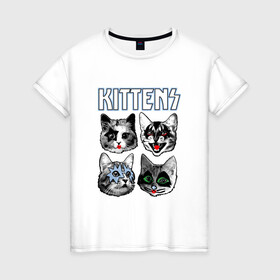 Женская футболка хлопок с принтом Kittens в Петрозаводске, 100% хлопок | прямой крой, круглый вырез горловины, длина до линии бедер, слегка спущенное плечо | animal | cat | cute | kiss | kitty | meow | rock | гитара | друг | животные | киска | кисс | китти | кот | котенок | котик | котэ | кошечка | кошка | метал | милый | музыка | мур | мяу | питомец | рок | тигр