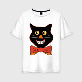Женская футболка хлопок Oversize с принтом Smiling Cat в Петрозаводске, 100% хлопок | свободный крой, круглый ворот, спущенный рукав, длина до линии бедер
 | animal | cat | cute | kitty | meow | друг | животные | киска | китти | кот | котенок | котик | котэ | кошечка | кошка | милый | мур | мяу | питомец | тигр