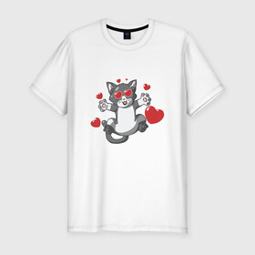 Мужская футболка хлопок Slim с принтом Love Cat в Петрозаводске, 92% хлопок, 8% лайкра | приталенный силуэт, круглый вырез ворота, длина до линии бедра, короткий рукав | animal | cat | cute | kitty | love | meow | друг | животные | киска | китти | кот | котенок | котик | котэ | кошечка | кошка | люблю | любовь | милый | мур | мяу | питомец | сердце | тигр