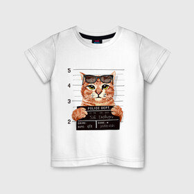 Детская футболка хлопок с принтом РУТОЙ КОТ В ОЧКАХ ЗАКЛЮЧЕННЫЙ в Петрозаводске, 100% хлопок | круглый вырез горловины, полуприлегающий силуэт, длина до линии бедер | cat | cats | cool | cute | funny | kitten | kitty | meow | pet | prisoner | в очках | заключенный | кот | котик | коты | кошка | кошки | милый