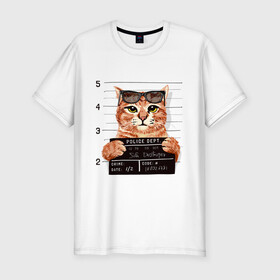 Мужская футболка хлопок Slim с принтом РУТОЙ КОТ В ОЧКАХ ЗАКЛЮЧЕННЫЙ в Петрозаводске, 92% хлопок, 8% лайкра | приталенный силуэт, круглый вырез ворота, длина до линии бедра, короткий рукав | cat | cats | cool | cute | funny | kitten | kitty | meow | pet | prisoner | в очках | заключенный | кот | котик | коты | кошка | кошки | милый