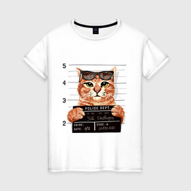 Женская футболка хлопок с принтом РУТОЙ КОТ В ОЧКАХ ЗАКЛЮЧЕННЫЙ в Петрозаводске, 100% хлопок | прямой крой, круглый вырез горловины, длина до линии бедер, слегка спущенное плечо | cat | cats | cool | cute | funny | kitten | kitty | meow | pet | prisoner | в очках | заключенный | кот | котик | коты | кошка | кошки | милый