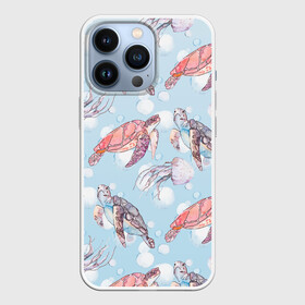 Чехол для iPhone 13 Pro с принтом подводный мир черепахи медузы в Петрозаводске,  |  | биология | зоология | лето | медузы | море | океан | отдых | подводный мир | пузырьки | черепахи