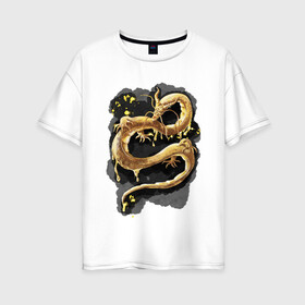 Женская футболка хлопок Oversize с принтом Золотой Дракон в Петрозаводске, 100% хлопок | свободный крой, круглый ворот, спущенный рукав, длина до линии бедер
 | animal | art | dragon | print | арт | дракон | звери | принт | фон | япония