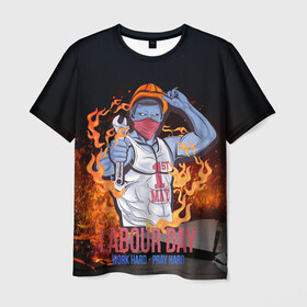 Мужская футболка 3D с принтом Work hard в Петрозаводске, 100% полиэфир | прямой крой, круглый вырез горловины, длина до линии бедер | 1 мая | весна | день труда | лозунги | май | мир | первомай | рабочие | труд