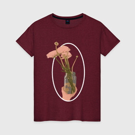 Женская футболка хлопок с принтом Лютики в банке в рамке в Петрозаводске, 100% хлопок | прямой крой, круглый вырез горловины, длина до линии бедер, слегка спущенное плечо | банка | лютики | розовый | рука | цветы