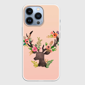 Чехол для iPhone 13 Pro с принтом олень рога цветы в Петрозаводске,  |  | Тематика изображения на принте: ветки | голова | градиент | звери | косуля | лес | лето | лось | олененок | олень | природа | рога | силуэт | цветы
